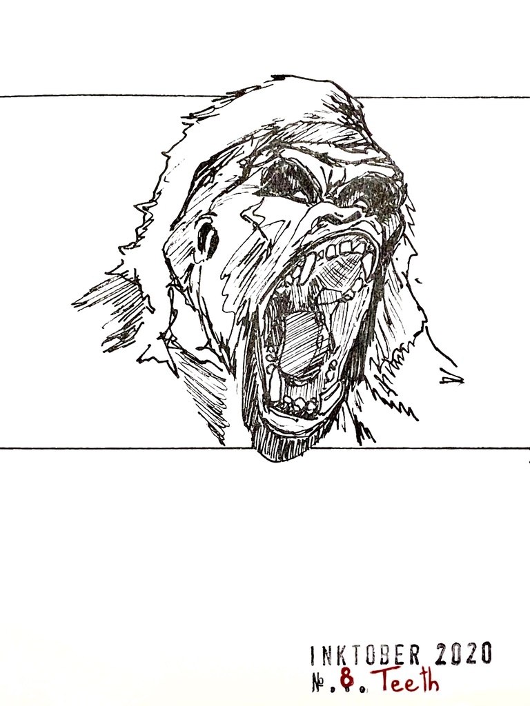 Black ink drawing of a screaming gorilla