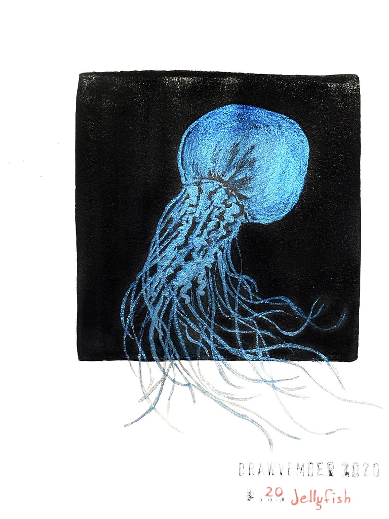 Metallic paint depicting a large jelly fish against a black square