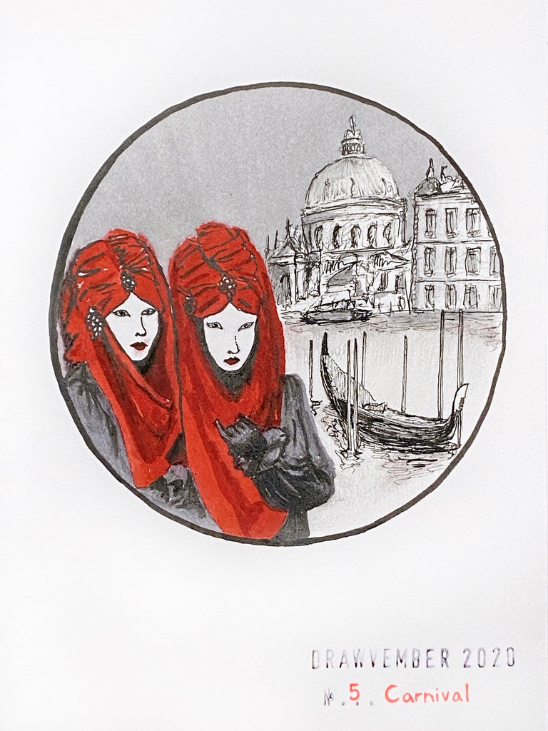 Black, grey and red ink drawing of two costumed characters wearing white face masks and red headdresses in the foreground and a gondola and church from Venice in the background.