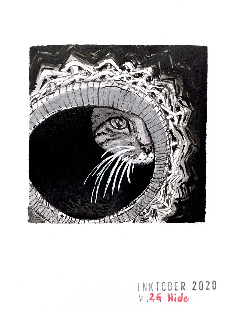 Black and grey ink drawing of a tabby cat partially hiding in a basket