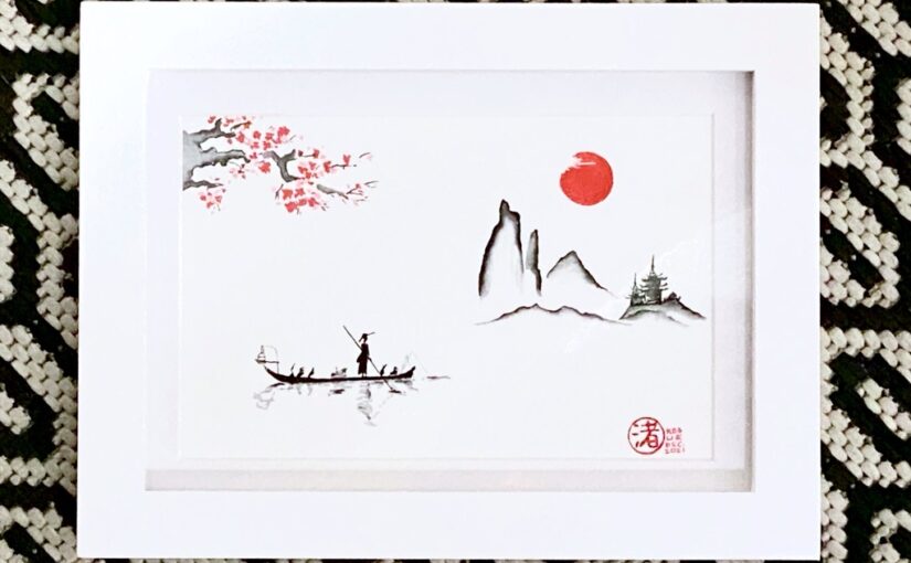 Near a blossom-laden old tree is a fishing boat laden with cormorants. There are hills rising from the mist, and a temple sits at the top of a hill, under a big red sun.