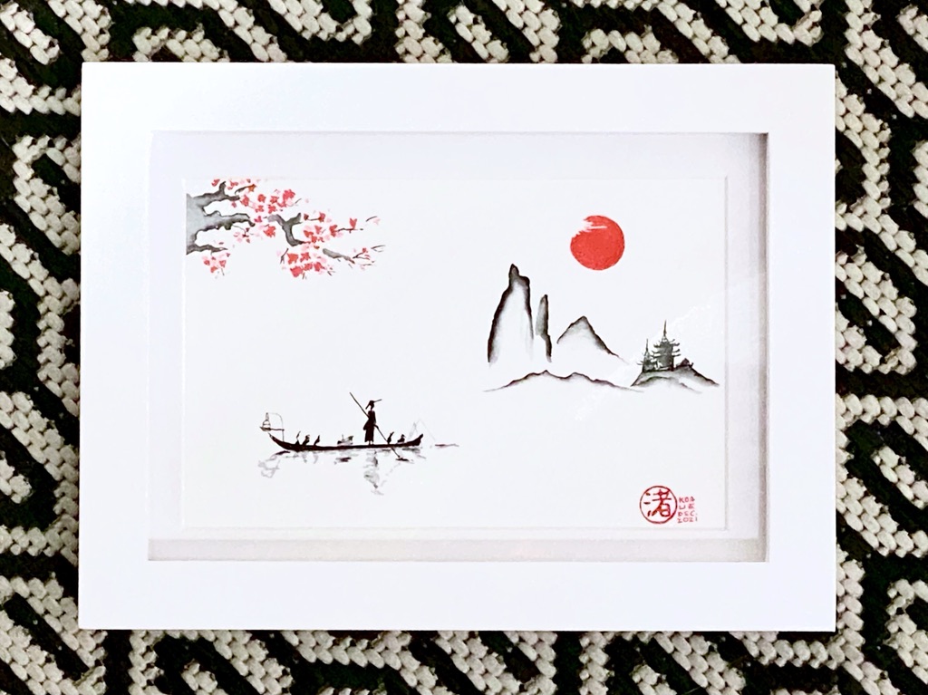 Near a blossom-laden old tree is a fishing boat laden with cormorants. There are hills rising from the mist, and a temple sits at the top of a hill, under a big red sun.