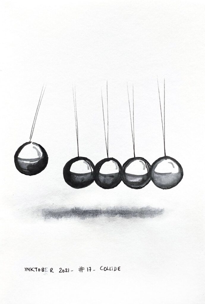 Black and grey ink drawing of 5 metallic marbles dangling. One is separated from the other four.