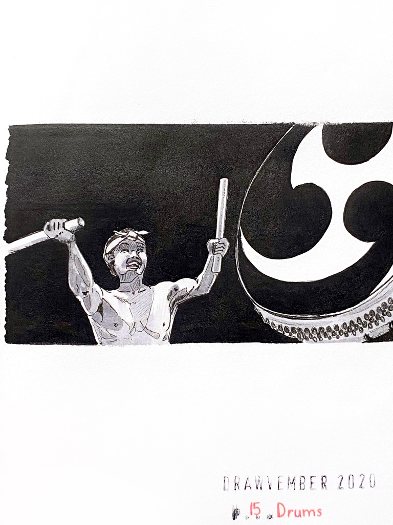 Black and grey ink drawing of a Japanese man playing kodo, a really big drum, with two thick round sticks. He looks very happy.