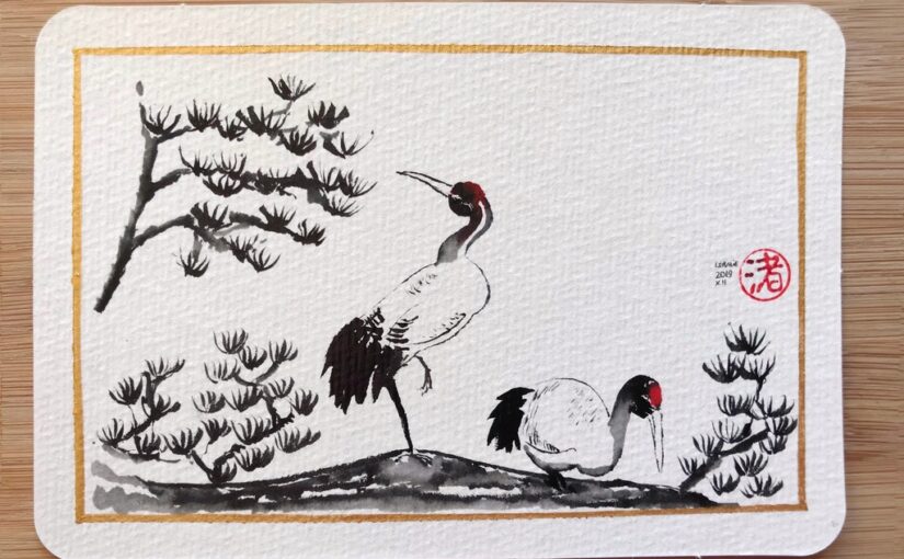 Black, grey and red ink drawing of two cranes on a pine tree branch
