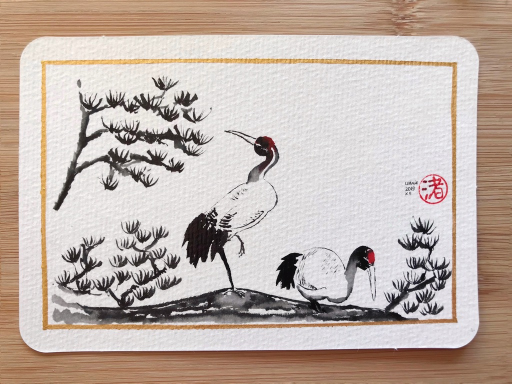 Black, grey and red ink drawing of two cranes on a pine tree branch