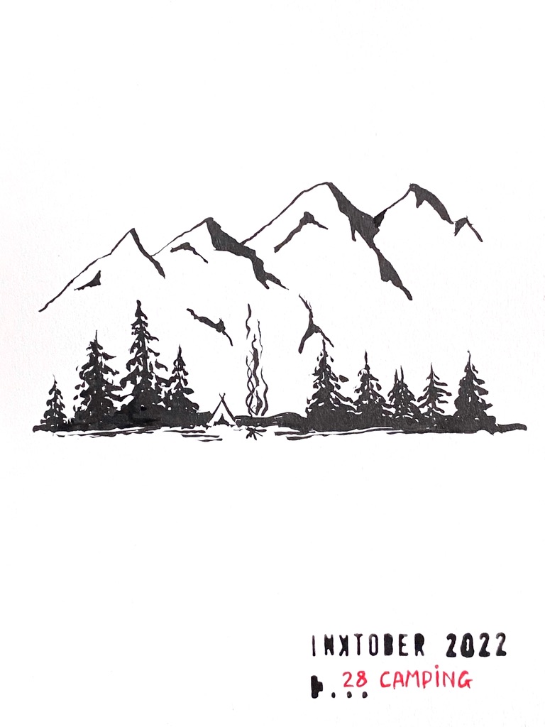 Black ink drawing of a simple landscape with a fire, a tent, a line of pine trees and mountains in the background