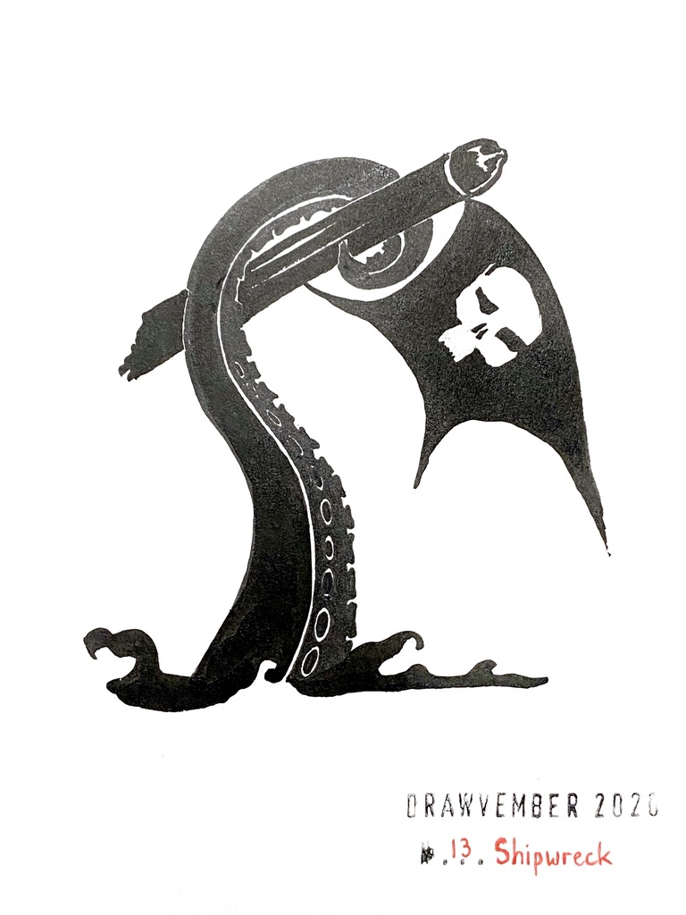 Black ink drawing of a tentacle emerging from water, at the end of which is the remnant of a pirate ship flag and broken pole.