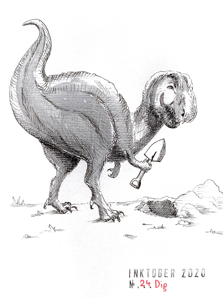Black and grey ink drawing of a goofy t-rex holding a spade and digging a hole.