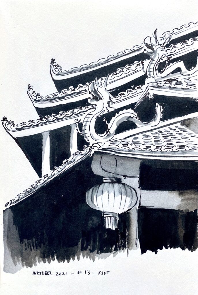Black and grey ink drawing of a paper lantern attached to the beam under a series of tiled roofs decorated by dragons