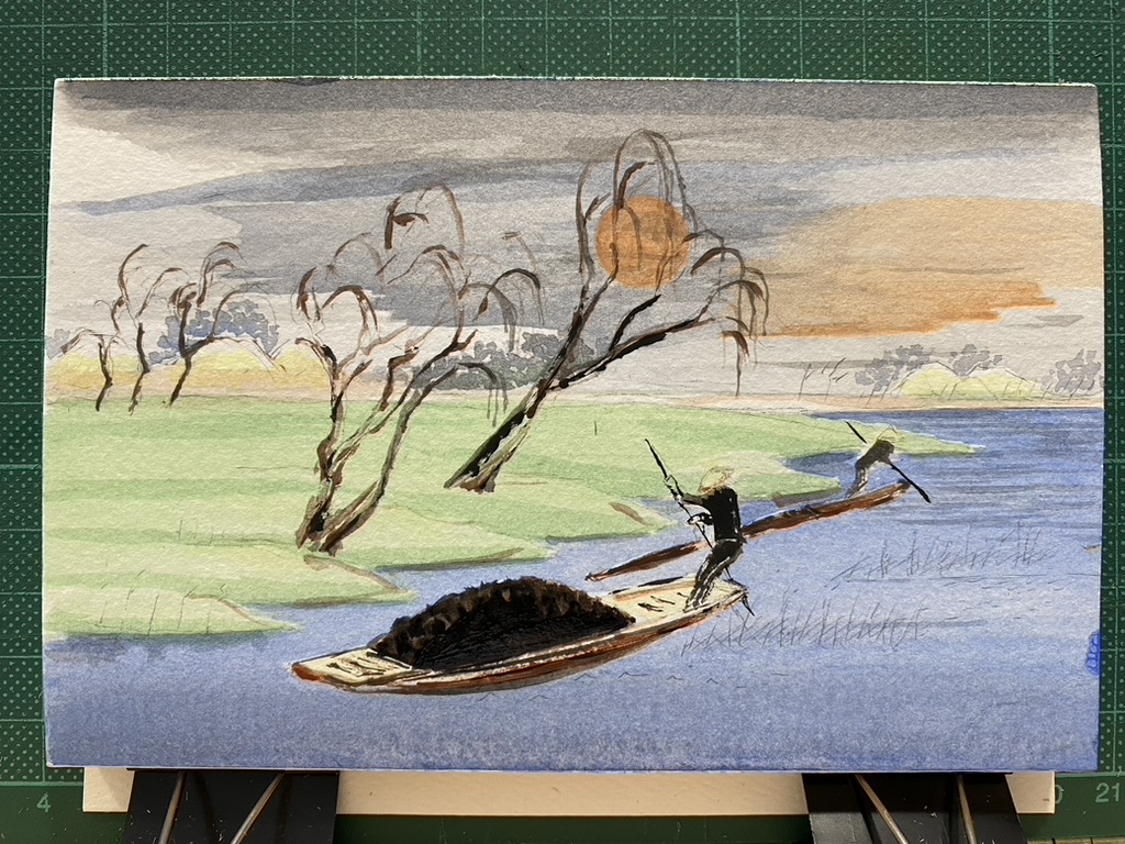 Brown and black added for the trees, the boats, the men and their poles. Green added for the grass.