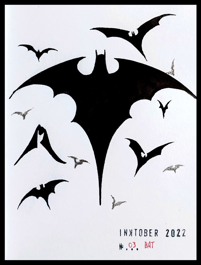 Black ink drawing of several silhouettes of the batman iconic shape in various sizes and positions