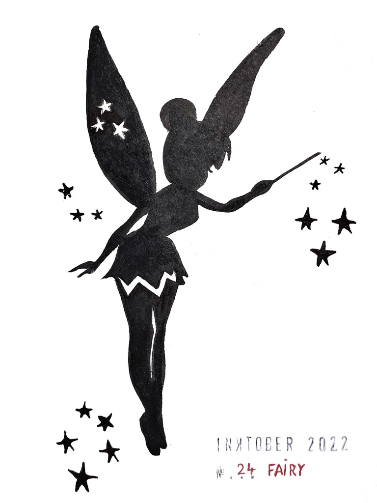 Black ink drawing of the silhouette of the Tinkerbell fairy with stars