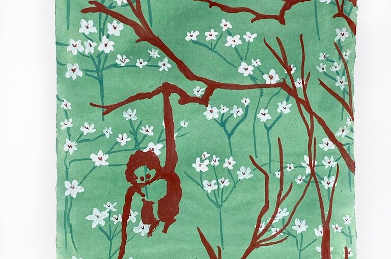 Gouache painting of a monkey dangling from a branch, against a floral background