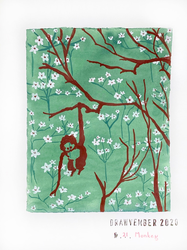 Gouache painting of a monkey dangling from a branch, against a floral background