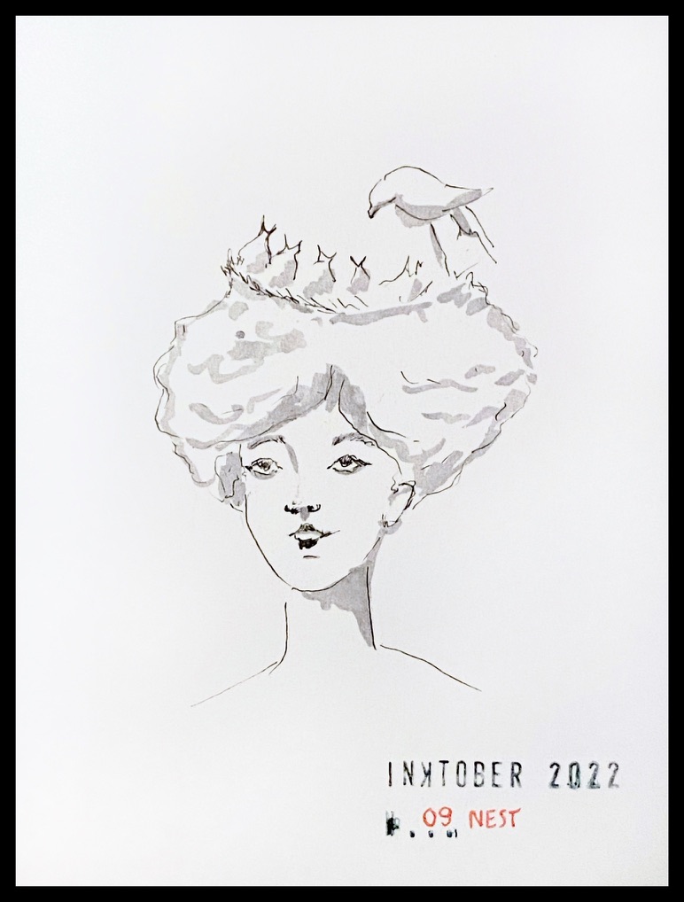 Black and grey ink drawing of the face of a woman whose hair holds a nest with a family of birds