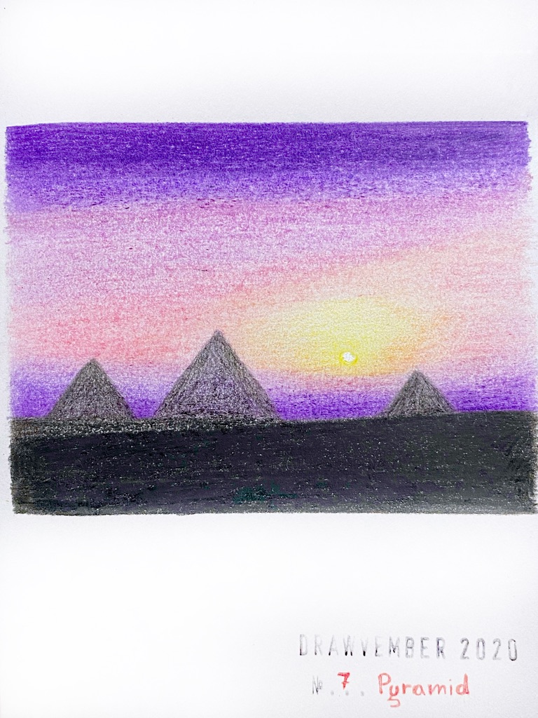 Coloured pencil drawing of three pyramids at sunset