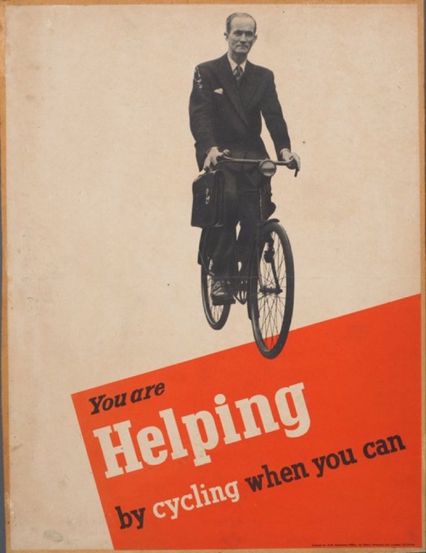 Original propaganda poster from the early 1940s 'You are helping by cycling when you can', showing a black and white middle-aged man in suite carrying a briefcase and riding a bicycle.