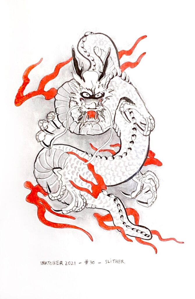 Black, grey and red ink drawing of a dragon