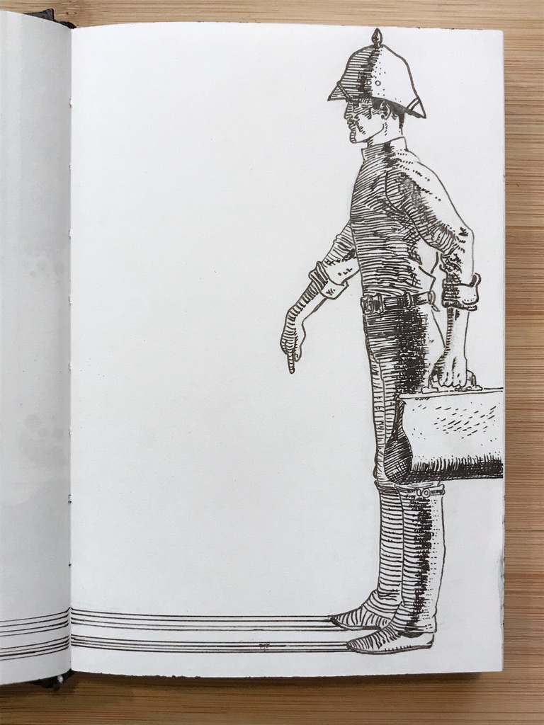 Black ink drawing of a tall thin man seen from the side, wearing a pointy helmet and carrying a leather back. His back is to the light and long parallel line stem from his feet and run throughout the artbook page and carry forward to the page opposite.