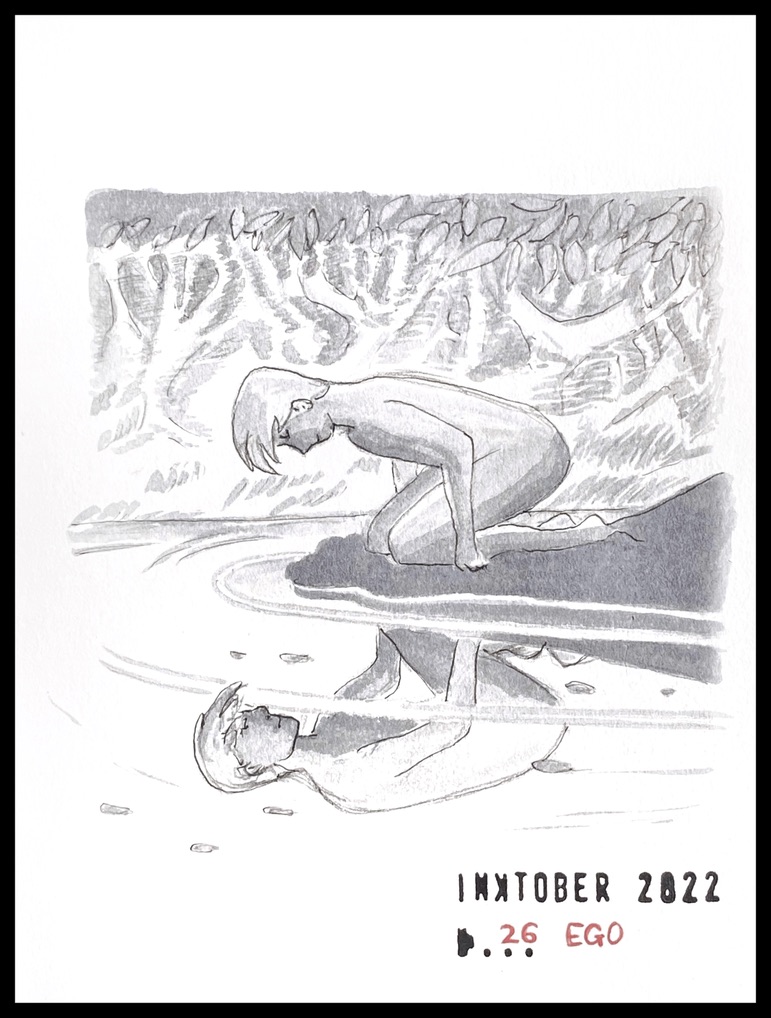 Grey ink drawing of a naked young boy kneeling by water looking at his reflection