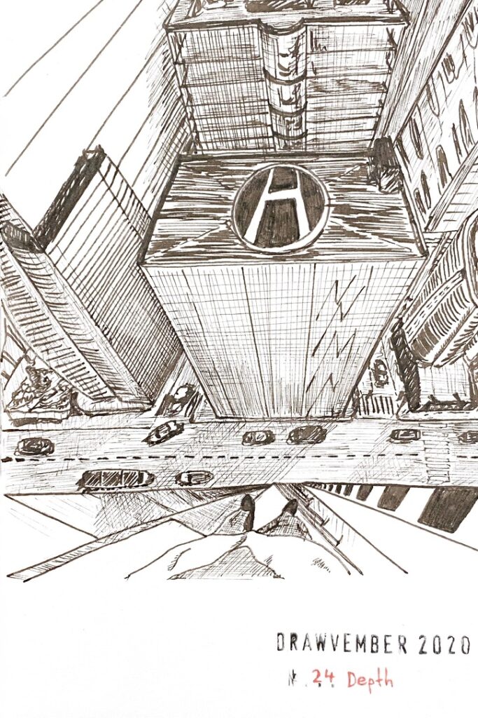 Black ink drawing of a roof-topping view with perspective on the roofs of other buildings, the streets below, and the body, legs and feet of the person viewing this