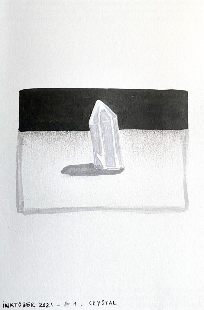 Black and grey ink drawing of a crystal and its shadow