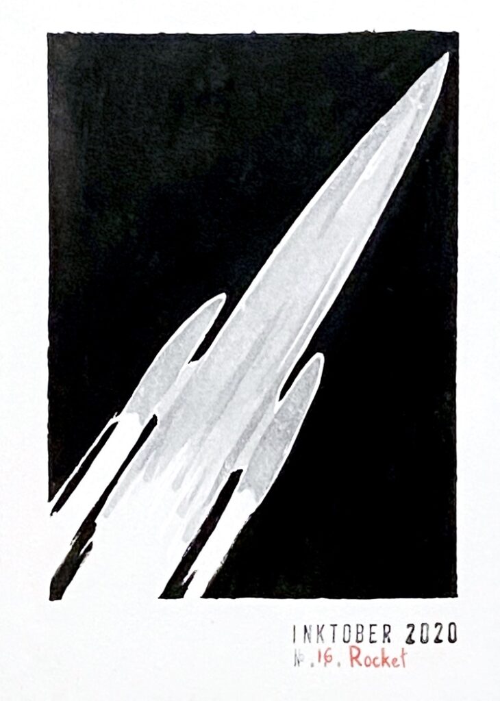 Black and grey pointy shuttle soaring diagonally in the black sky