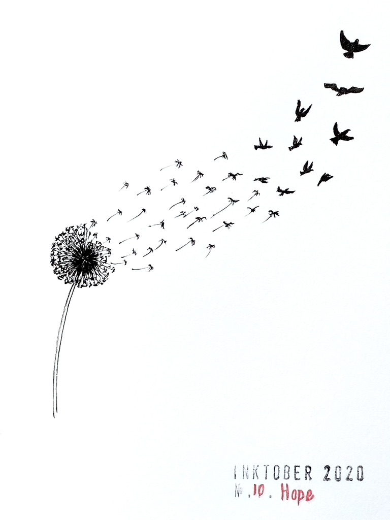 Black ink drawing of a dandelion shedding its seeds in the wind, which turn into birds the farther they get from the flower.