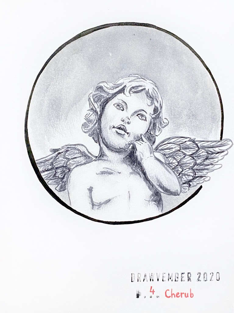Grey ink drawing of a child angel