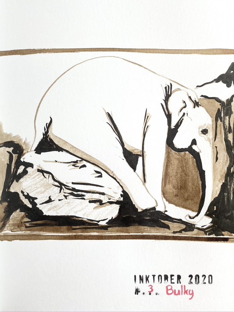 Black and sepia ink drawing of an elephant sitting on a boulder