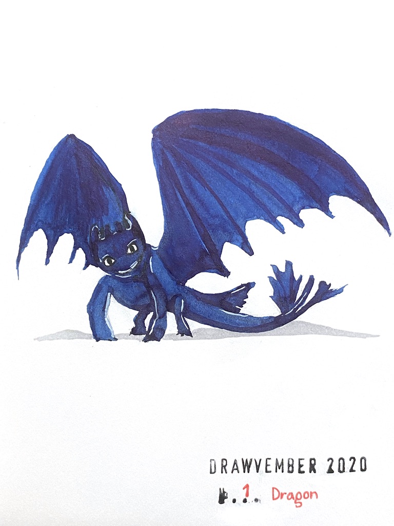 Indigo ink drawing with grey ink shadow of a dragon with big eyes