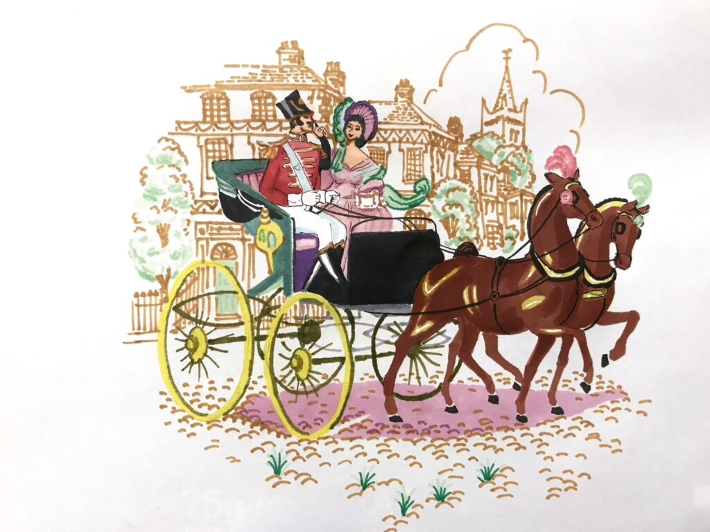 Coloured markers drawing of Soldier and Lady in a carriage drawn by two brown horses on cobblestones. In the background are facades in light brown of posh houses and some vegetation.