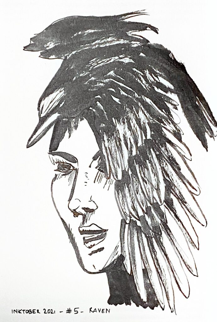Black ink drawing of the face of a woman partly covered by a raven