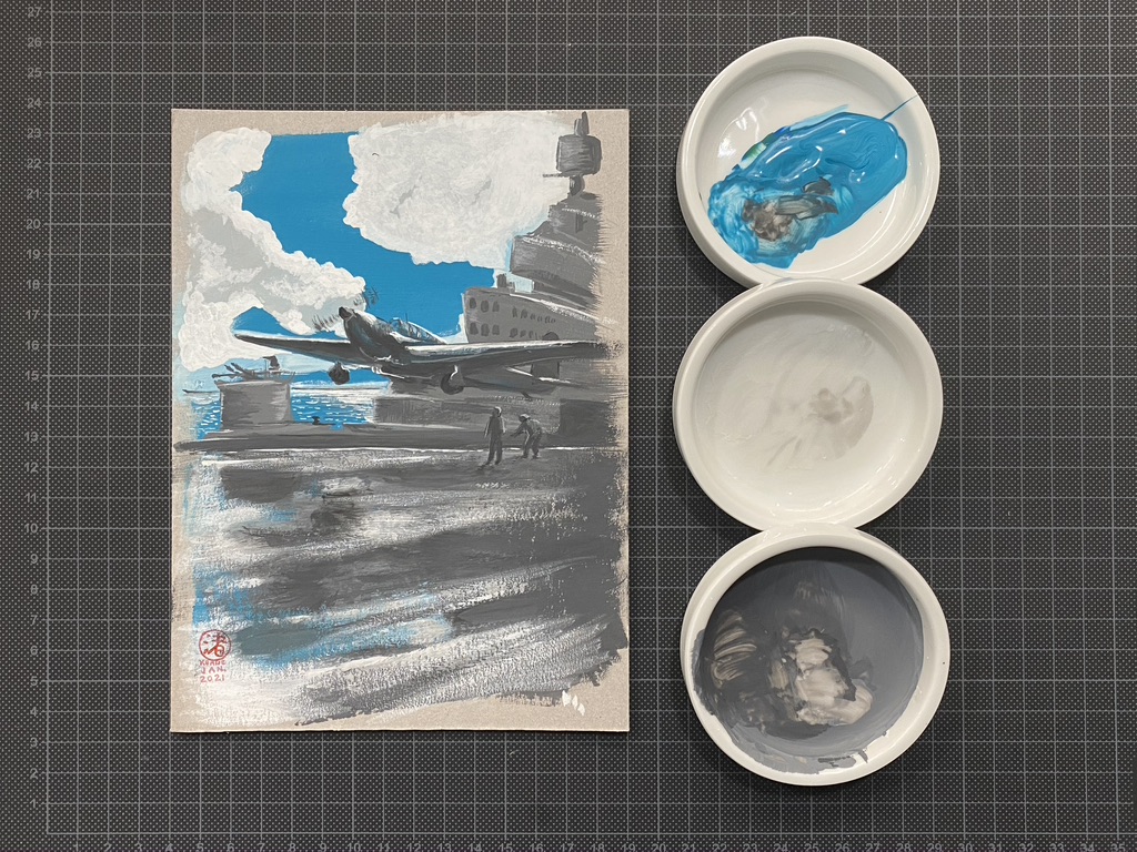 Overview of the finished 21x15 cm painting on a cutting mat next to the ceramic pans of the mixes I used: grey, white and blue.