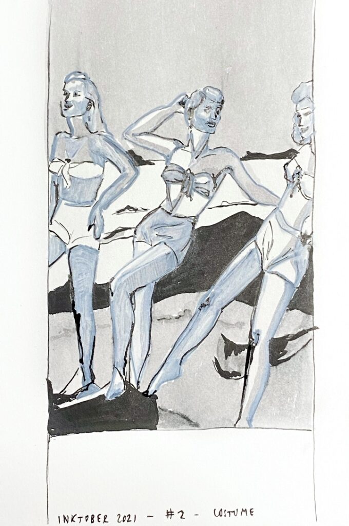 Black, blue and grey ink drawing of women in bathing suit posing at the beach