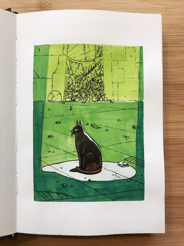 Black ink and gouache painting of a cat sitting at the center of a circle of light.