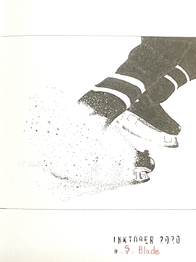 Black ink drawing of two skates shaving ice