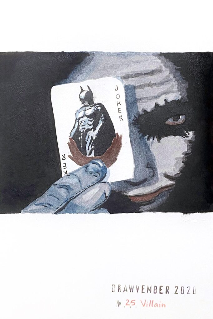 Black grey and blue ink and gouache painting of the joker holding the Batman playing card in front of his face.