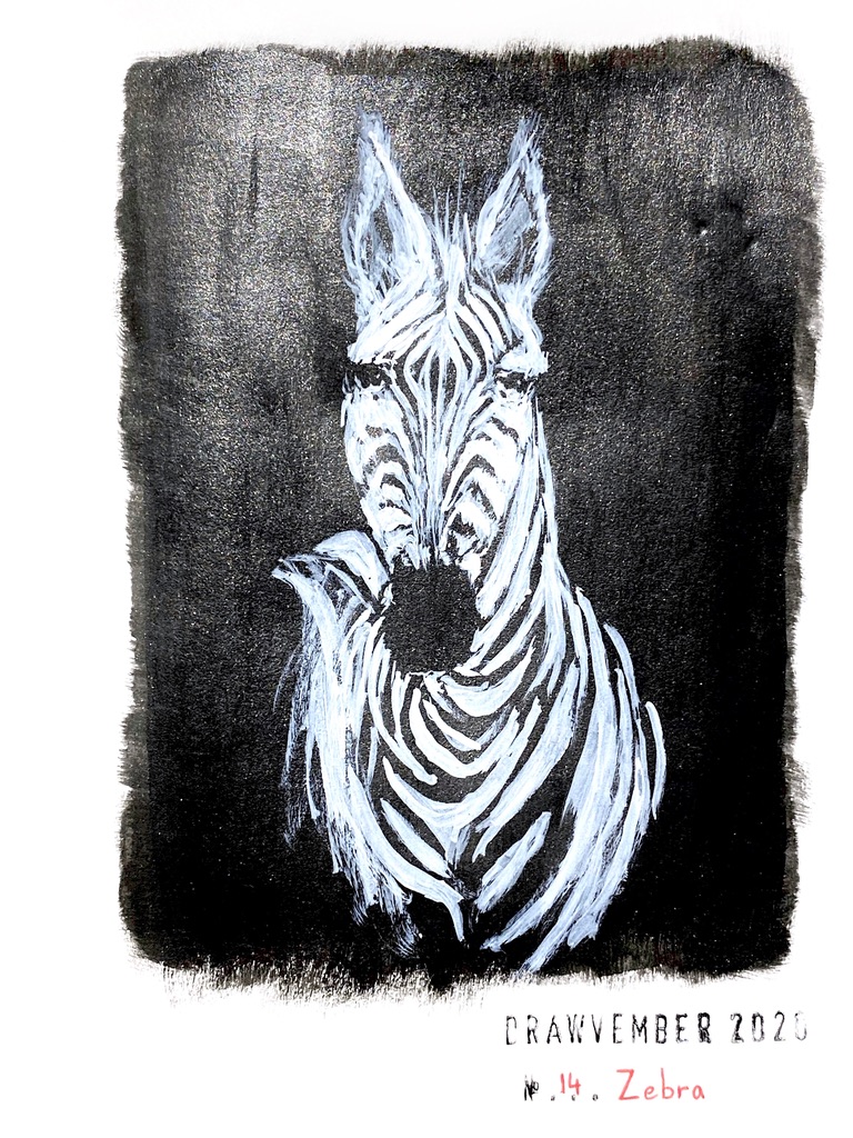 Dark black shiny rectangle with fuzzy border on which I drew a zebra in white ink