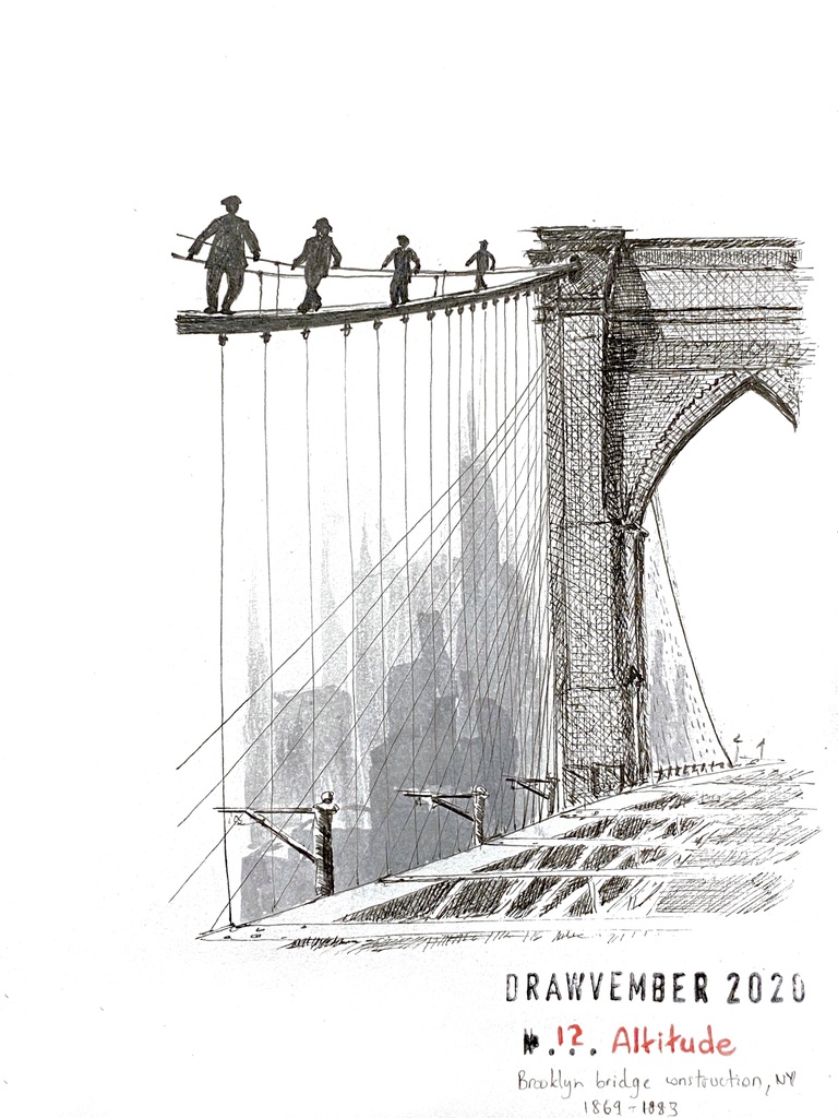Black and grey ink drawing of the Brooklyn Bridge under construction with silhouettes of men walking on top of a high cable. The city is suggested in the background as grey shapes of buildings.