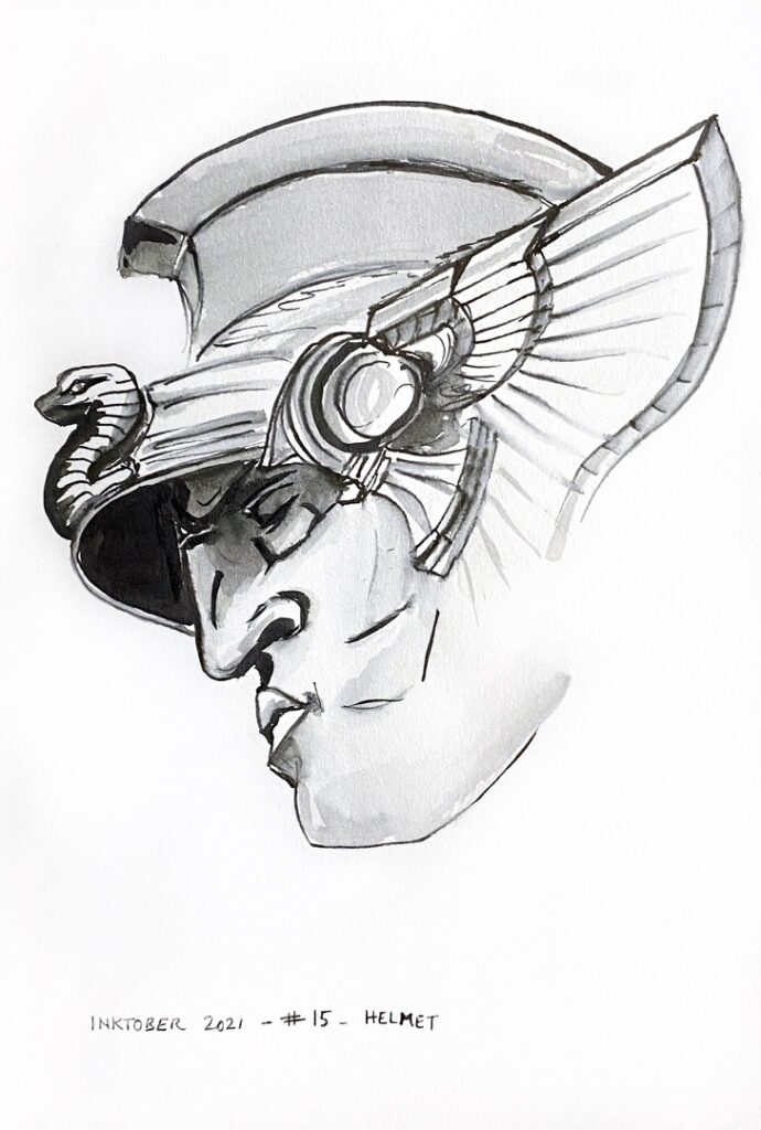Black and grey ink drawing of the face of a soldier with closed eyes, wearing a helmet