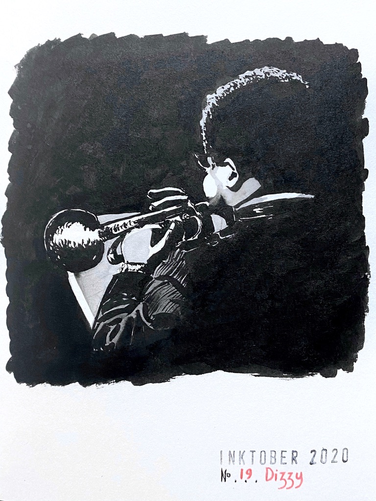 Black and grey ink drawing of a trumpet play seen from behind.