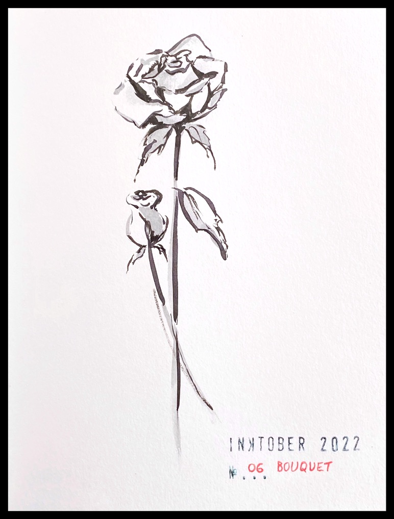 Black and grey ink drawing of two roses