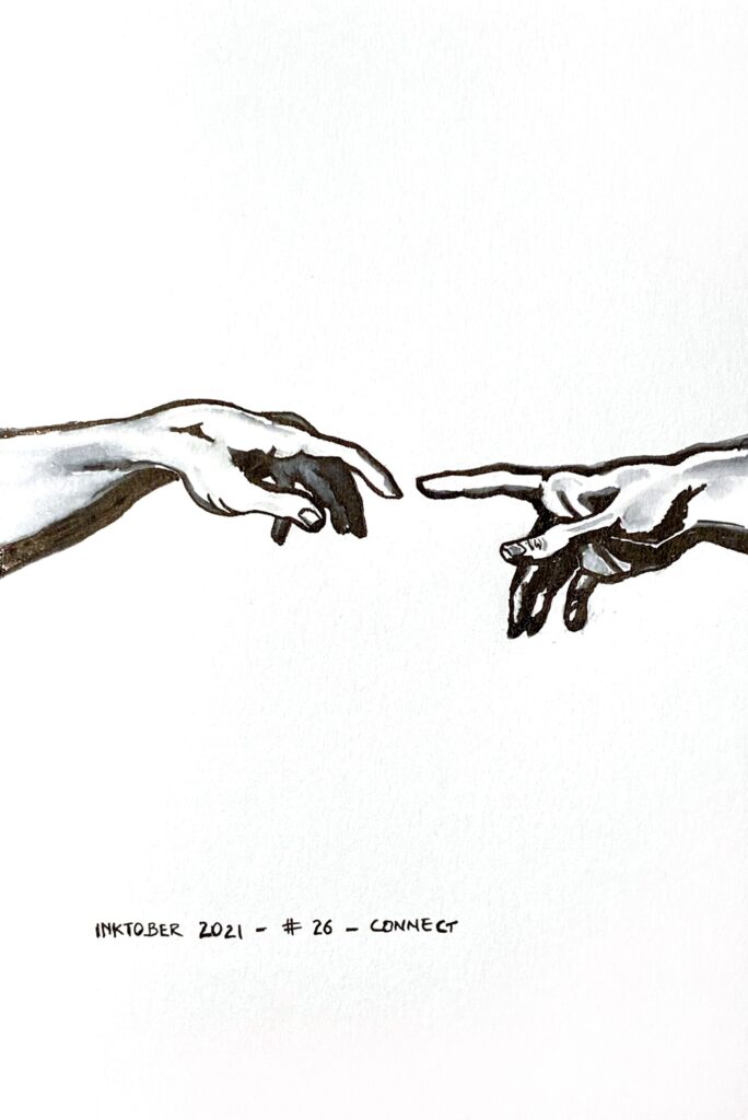 Black ink drawing of two hands nearly touching at the fingers