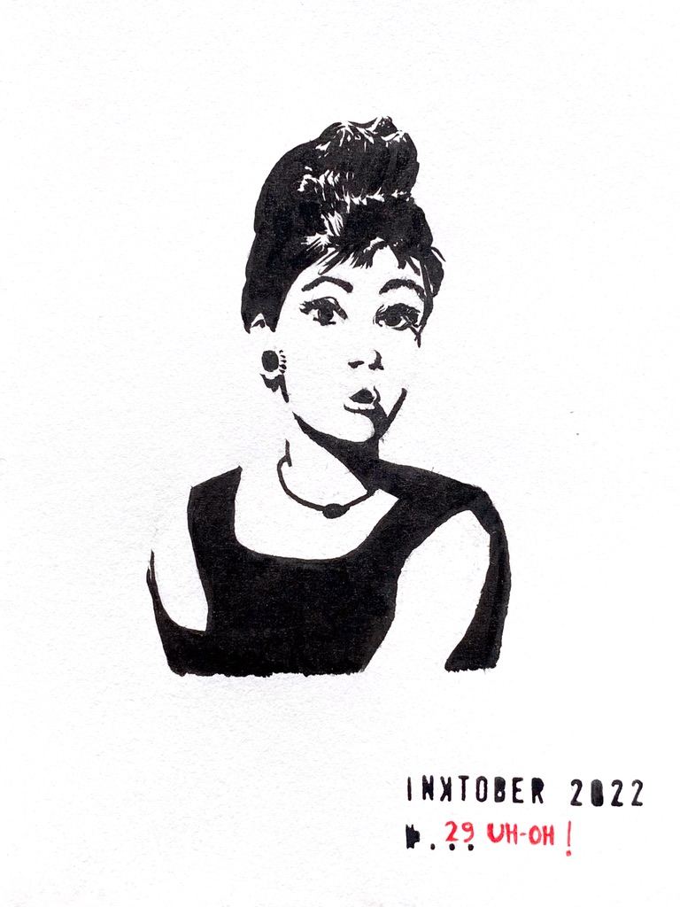 Black ink drawing of a woman who looks a bit like Audrey Hepburn looking surprised