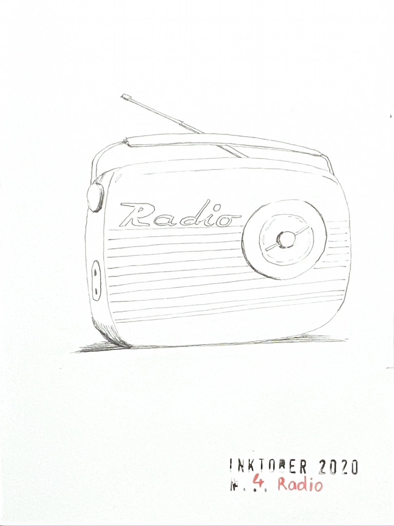 Black ink drawing of a vintage radio