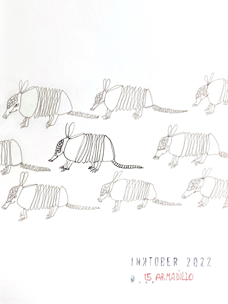 Grey ink drawing of several times the same very simple outline of armadillos. One of them in the center is black.