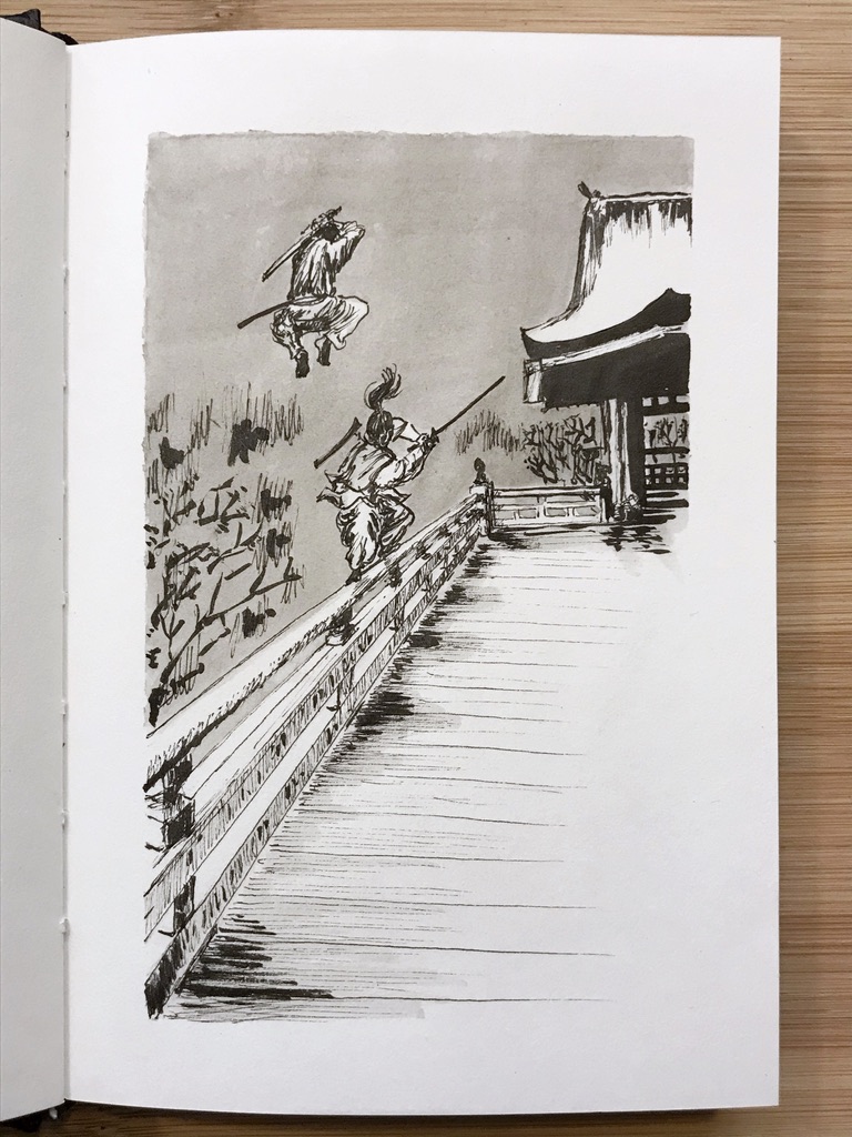 Black and grey ink drawing of a two samurai fighting with swords on the railing of a wooden deck by a temple near vegetation. One just missed the other who jumped high above the railing and whose sword is ready to strike.