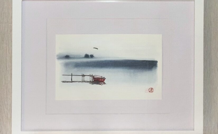Art: Red boat on misty lake
